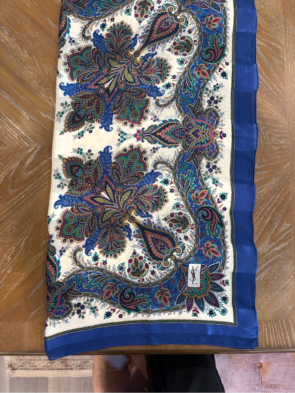 YSL Silk Scarf Blue White Paisley Logo 41 Inch Hand Rolled - Picture 6 of 11